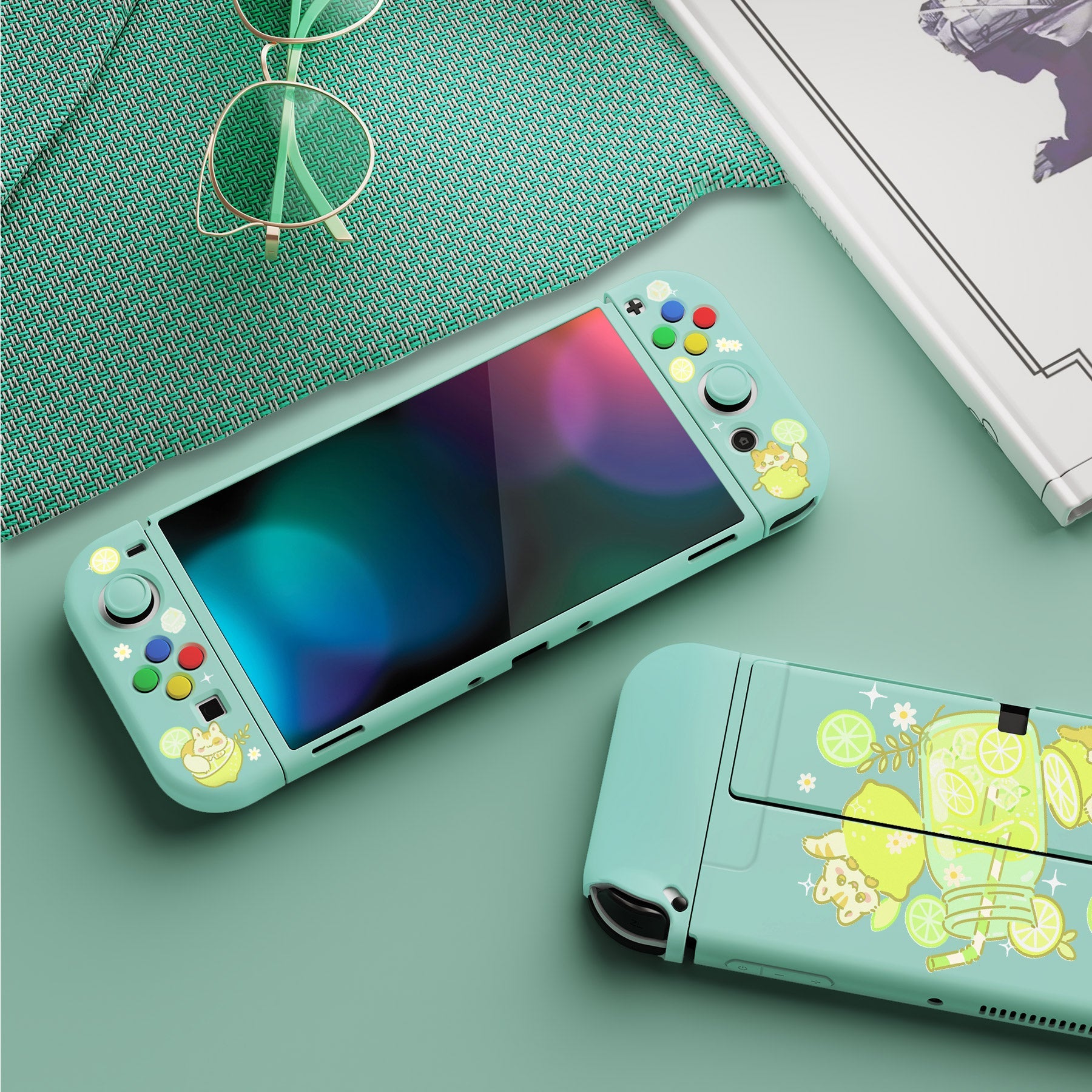 PlayVital ZealProtect Soft Protective Case for Switch OLED, Flexible Protector Joycon Grip Cover for Switch OLED with Thumb Grip Caps & ABXY Direction Button Caps - Lemonade Kitty - XSOYV6037 playvital