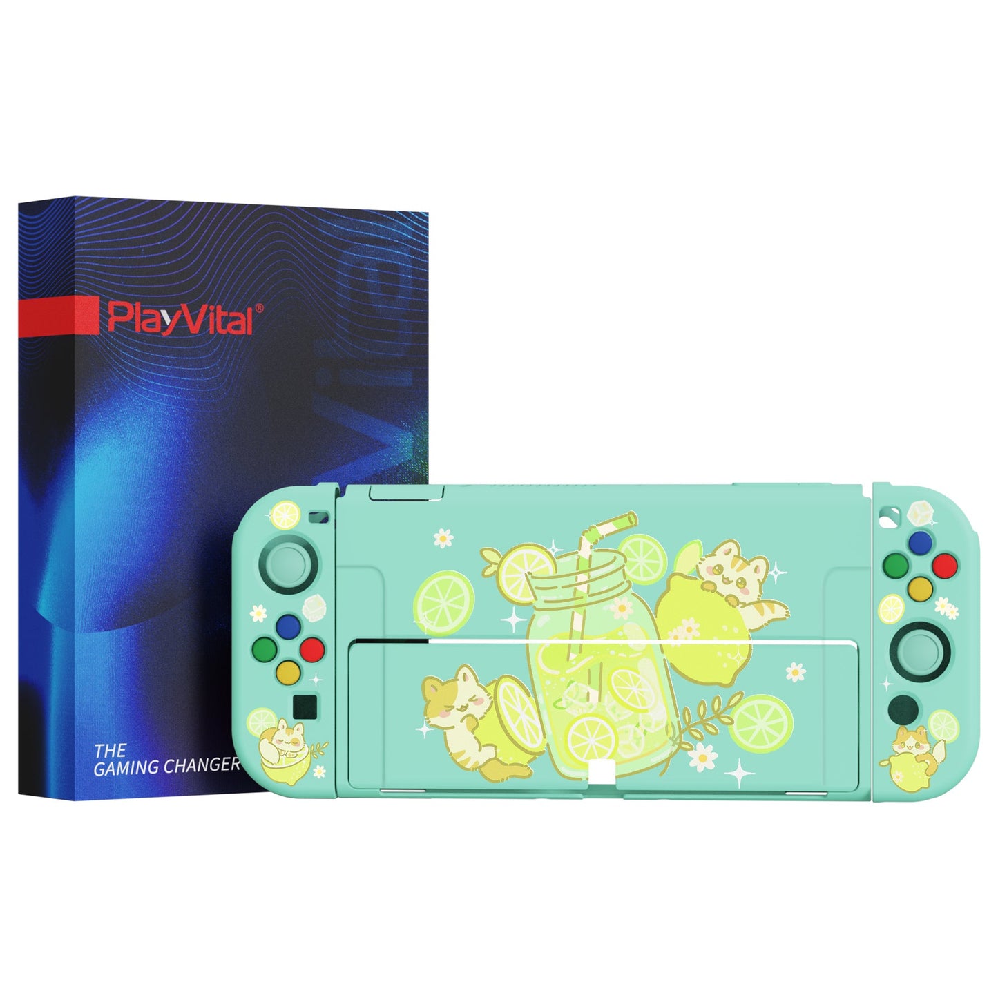 PlayVital ZealProtect Soft Protective Case for Switch OLED, Flexible Protector Joycon Grip Cover for Switch OLED with Thumb Grip Caps & ABXY Direction Button Caps - Lemonade Kitty - XSOYV6037 playvital