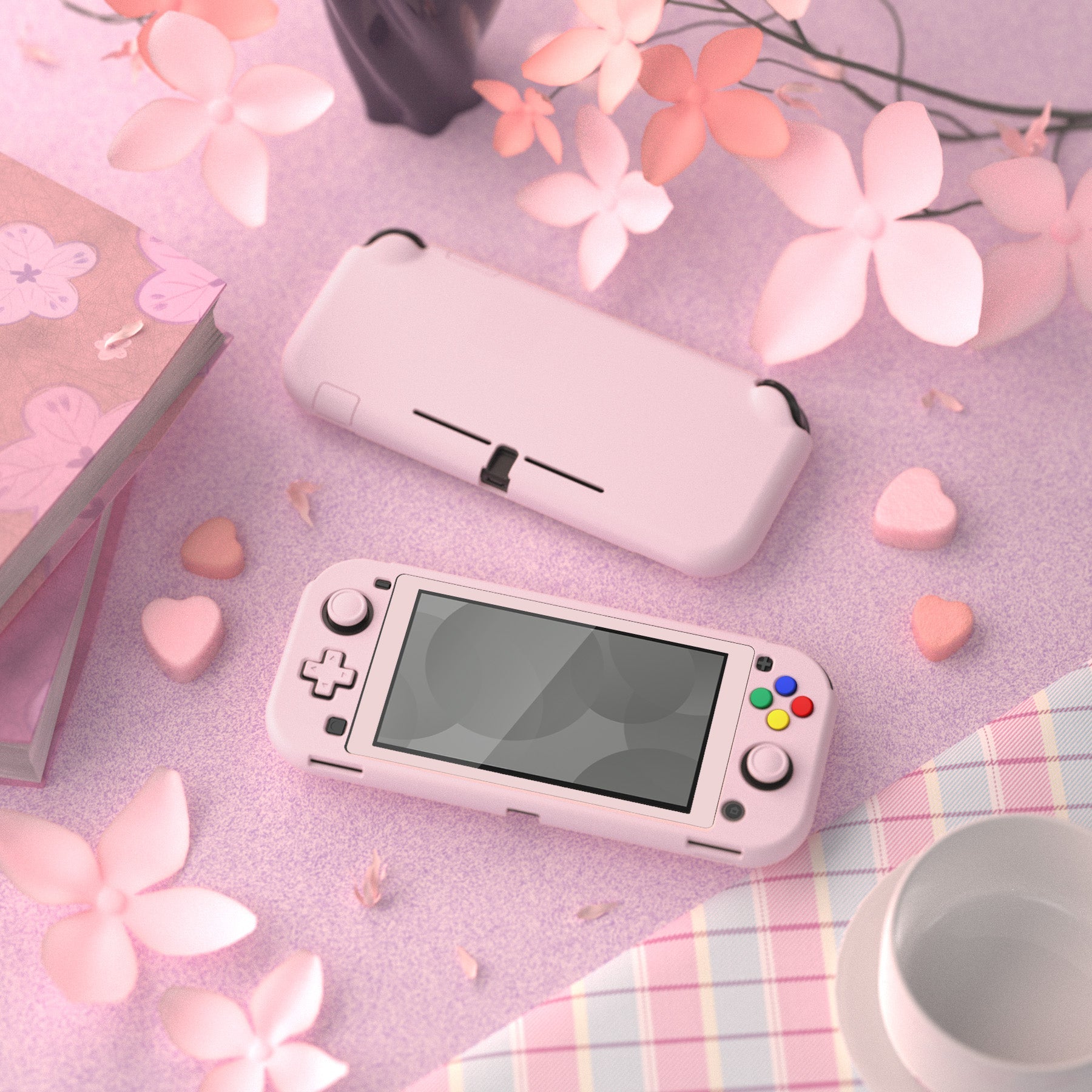 PlayVital Soft Touch Cherry Blossoms Pink Customized Protective Grip Case for Nintendo Switch Lite, Hard Cover Protector for Nintendo Switch Lite - 1 x White Border Tempered Glass Screen Protector Included - YYNLP005 PlayVital