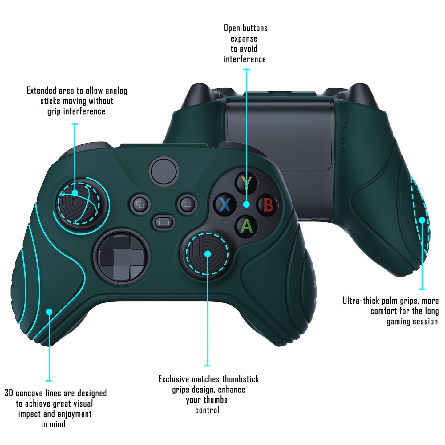 PlayVital Samurai Edition Racing Green Anti-slip Controller Grip Silicone Skin, Ergonomic Soft Rubber Protective Case Cover for Xbox Series S/X Controller with Black Thumb Stick Caps - WAX3004 PlayVital